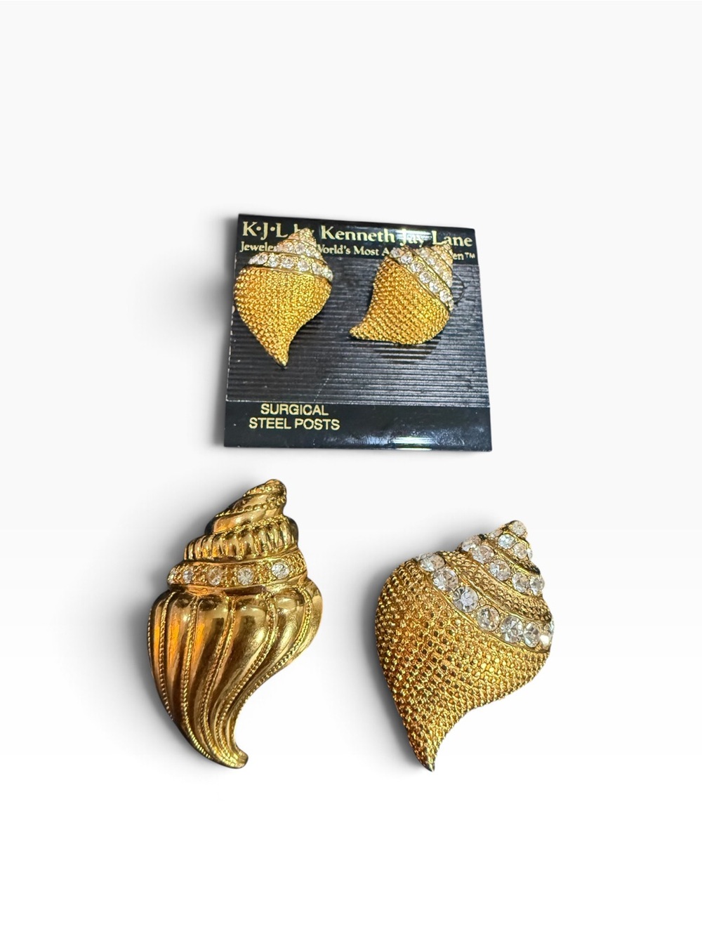 Vintage KJL Kenneth Jay Lane Seashell Earrings Brooch & Scarf Ring Set